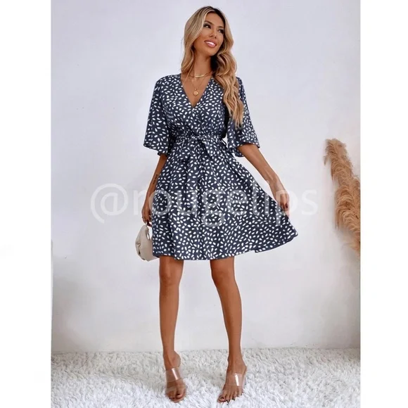 Navy Blue All Over Print Dress  White Dalmatian, Spotted Faux Wrap, Tie Belt - Picture 2 of 8